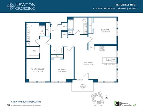 Floor plan for 3 beds, 2 baths, 1470 sqft